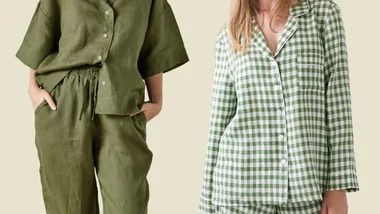 Two women wearing green pajamas; one in solid color, the other in green gingham pattern.