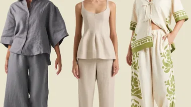 Three women modeling different linen outfits: gray set, beige top and pants, and a white-green patterned ensemble.