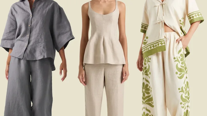Three women modeling different linen outfits: gray set, beige top and pants, and a white-green patterned ensemble.