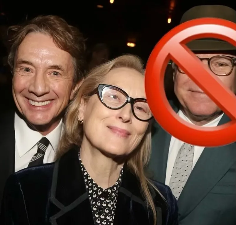 martin short, meryl streep and steve martin. steve has a 'no symbol' emoji over his face.