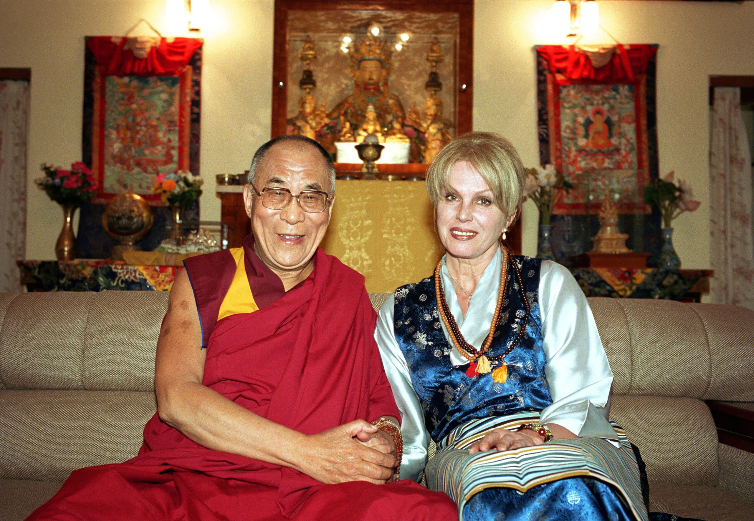 Joanna Lumley with His Holiness Tenzin Gyatso, The 14th Dalai Lama.