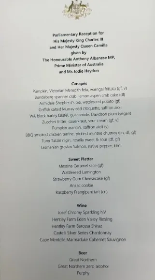 The menu King Charles and Queen Camilla enjoyed during their 2024 Australia trip