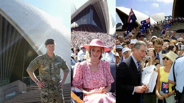 Three individuals, including two in military and formal attire, at the Sydney Opera House with a crowd and flags.