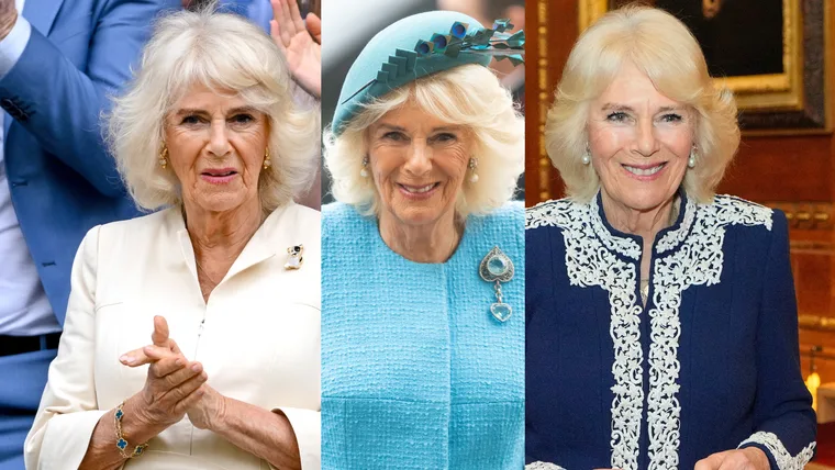 Three images of a woman with light hair in different formal outfits: white, blue with hat, and navy with lace.