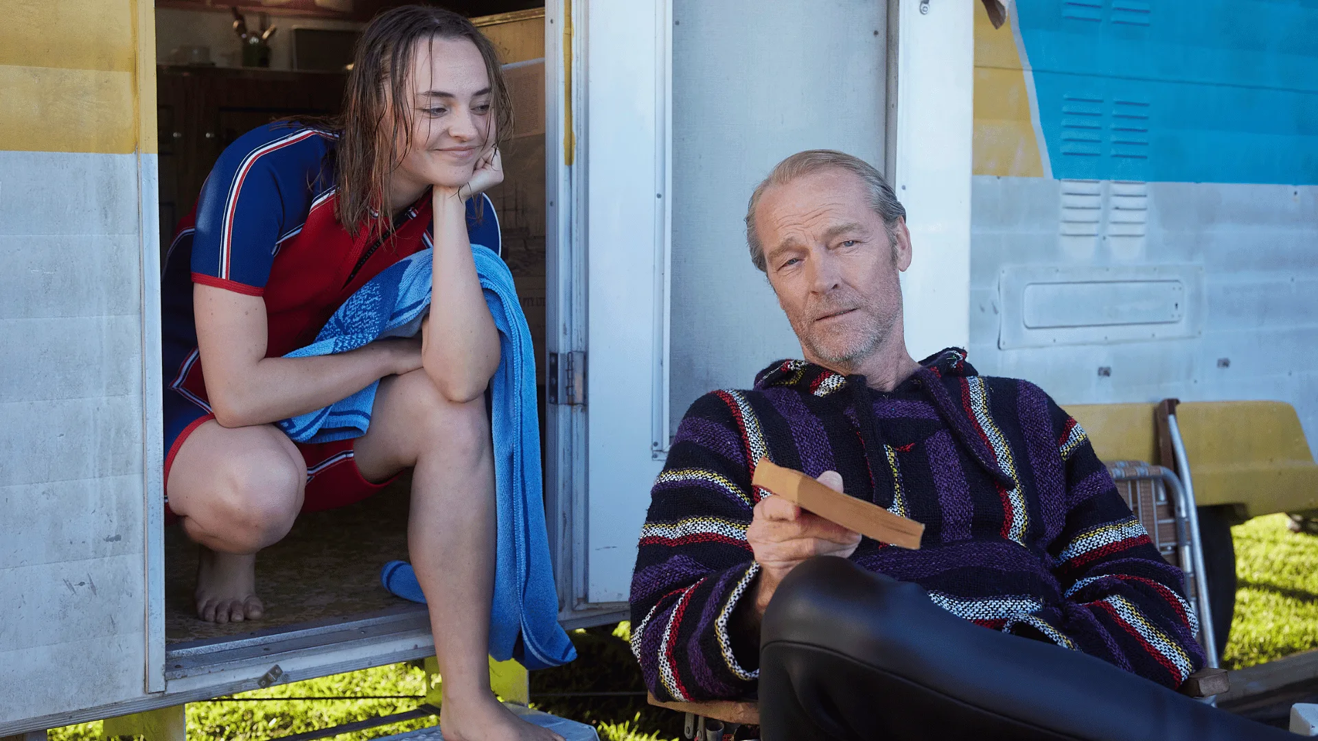 Mia Bissett (Emily Grant) and Bob Foden (Iain Glen) in LAST DAYS OF THE SPACE AGE_Photo by Joel Pratley