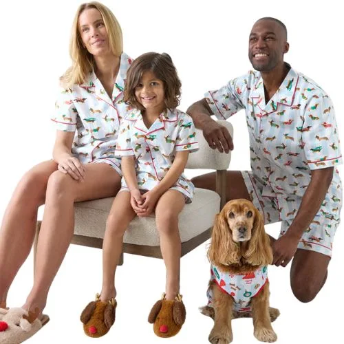 Adairs Christmas Dachshund Blue Short Pyjama Set - family of 4 including dog