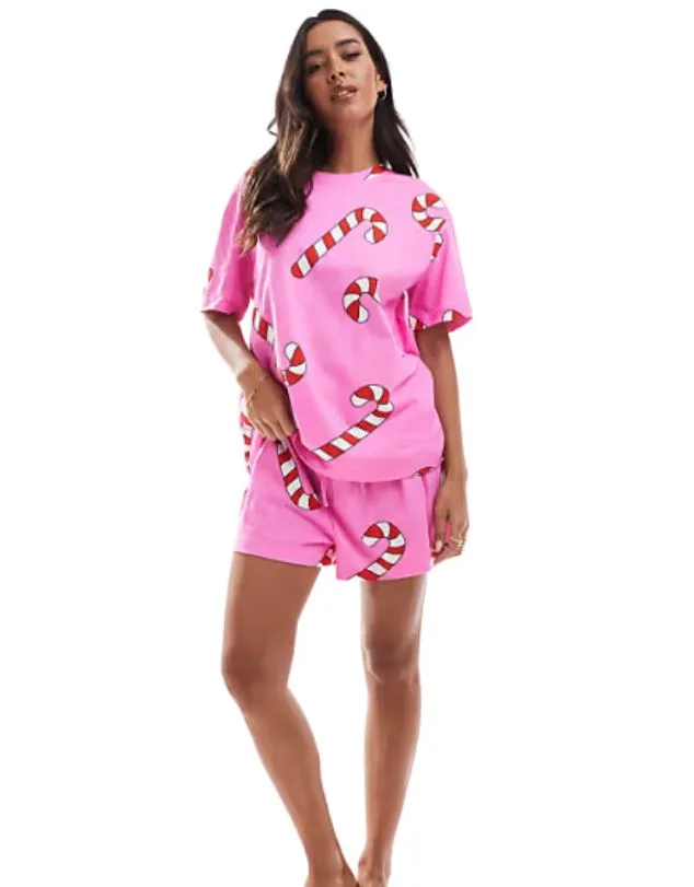 ASOS DESIGN candy cane oversized tee & shorts pyjama set in pink