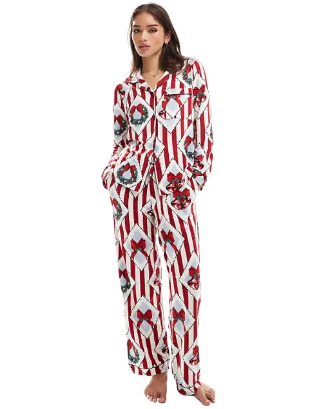 ASOS Chelsea Peers poly Christmas vintage print long sleeve revere shirt and pants pyjama set in multi