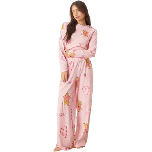ASOS DESIGN gingerbread & candy cane long sleeve top & pants pyjama set in pink marl