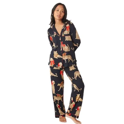 Chelsea Peers Petite poly long sleeve revere pyjama set in Christmas leopard print