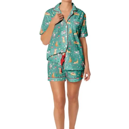 Morgan & Finch Cat Christmas Pyjamas in teal colour - cotton
