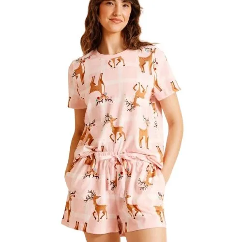 PJ Club Christmas Oversized Short Sleeve PJ Set in Reindeer Check Print