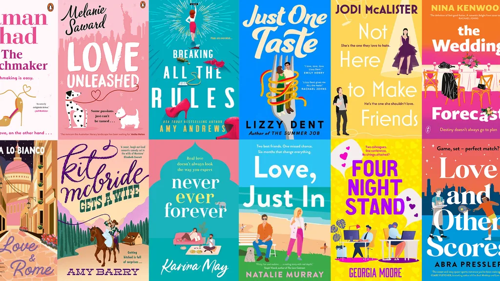 Graphic of 12 colourful illustrated romance book covers