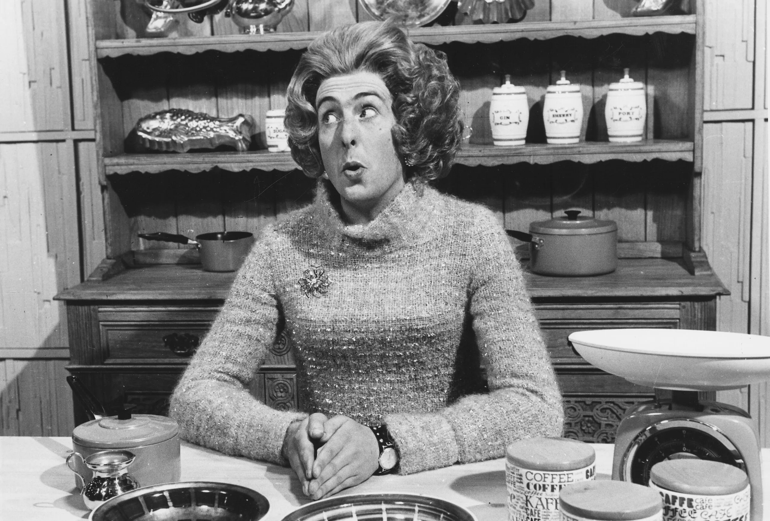 Eric Idle dressed as a woman in a sketch for Monty Python's Flying Circus. 