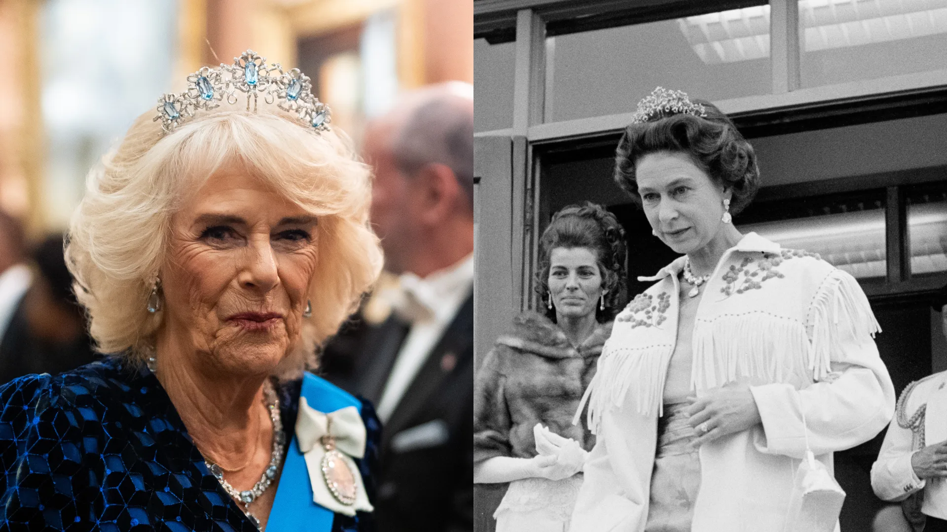 A side by side image of Queen Camilla and Queen Elizabeth wearing the Aquamarine Ribbon Tiara.