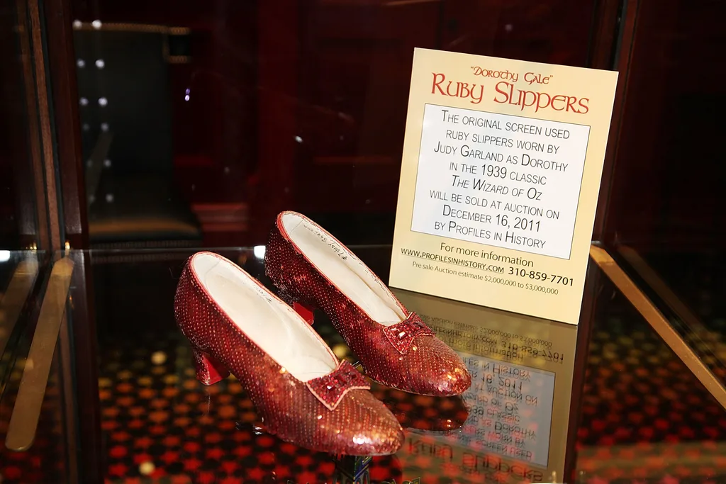 BEVERLY HILLS, CA - NOVEMBER 14: Iconic ruby slippers from "The Wizard Oz" unveiled at Solange Azagury-Partridge on November 14, 2011 in Beverly Hills, California. (Photo by Brian To/FilmMagic)