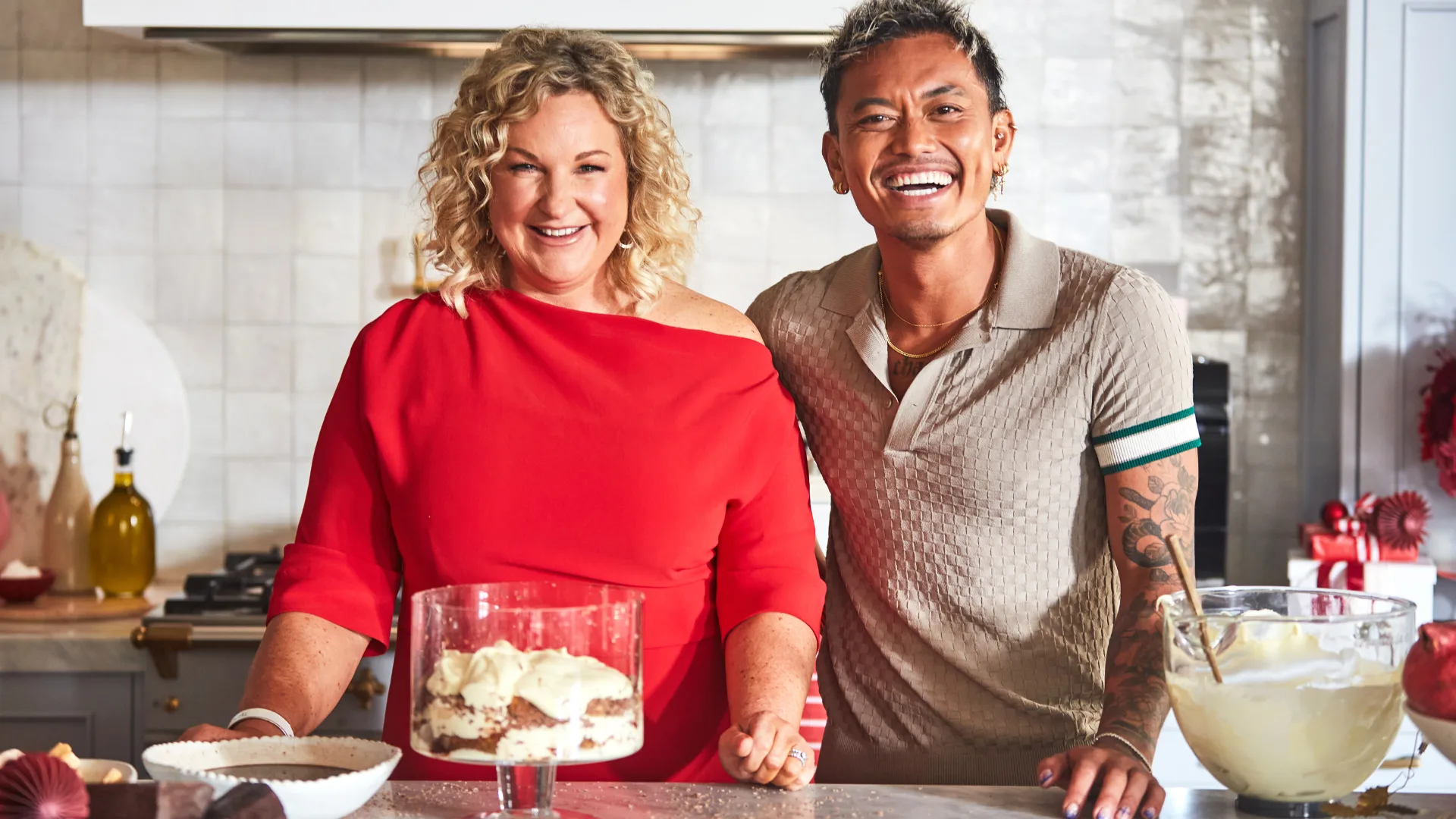 Kirsten Tibballs and Khang Ong in the kitchen