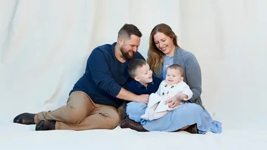 The Bacon family with son Tommy who received a stem cell transplant from his baby sister Aria.