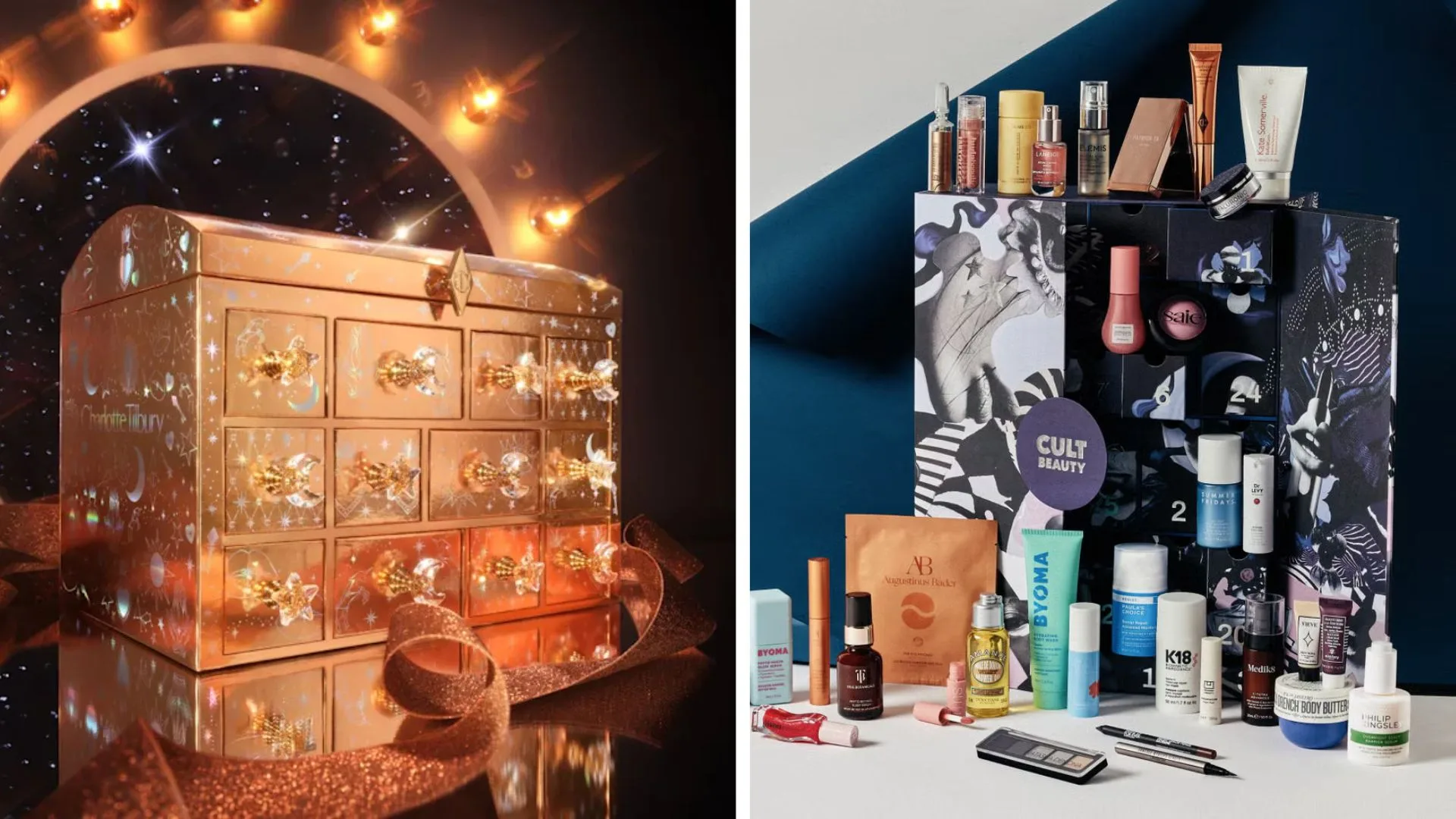 A split-screen image featuring two beauty advent calendars. On the left is the Charlotte Tilbury advent calendar, which is a chest-like box in a dark burgundy or red colour with gold accents. On the right is the Cult Beauty advent calendar, a white box with colourful illustrations and a gold bow.