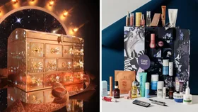 A split-screen image featuring two beauty advent calendars. On the left is the Charlotte Tilbury advent calendar, which is a chest-like box in a dark burgundy or red colour with gold accents. On the right is the Cult Beauty advent calendar, a white box with colourful illustrations and a gold bow.