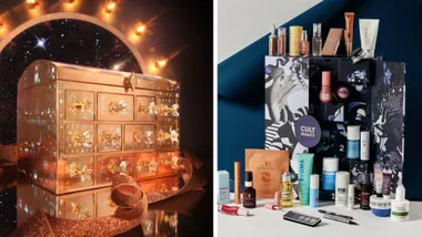 A split-screen image featuring two beauty advent calendars. On the left is the Charlotte Tilbury advent calendar, which is a chest-like box in a dark burgundy or red colour with gold accents. On the right is the Cult Beauty advent calendar, a white box with colourful illustrations and a gold bow.