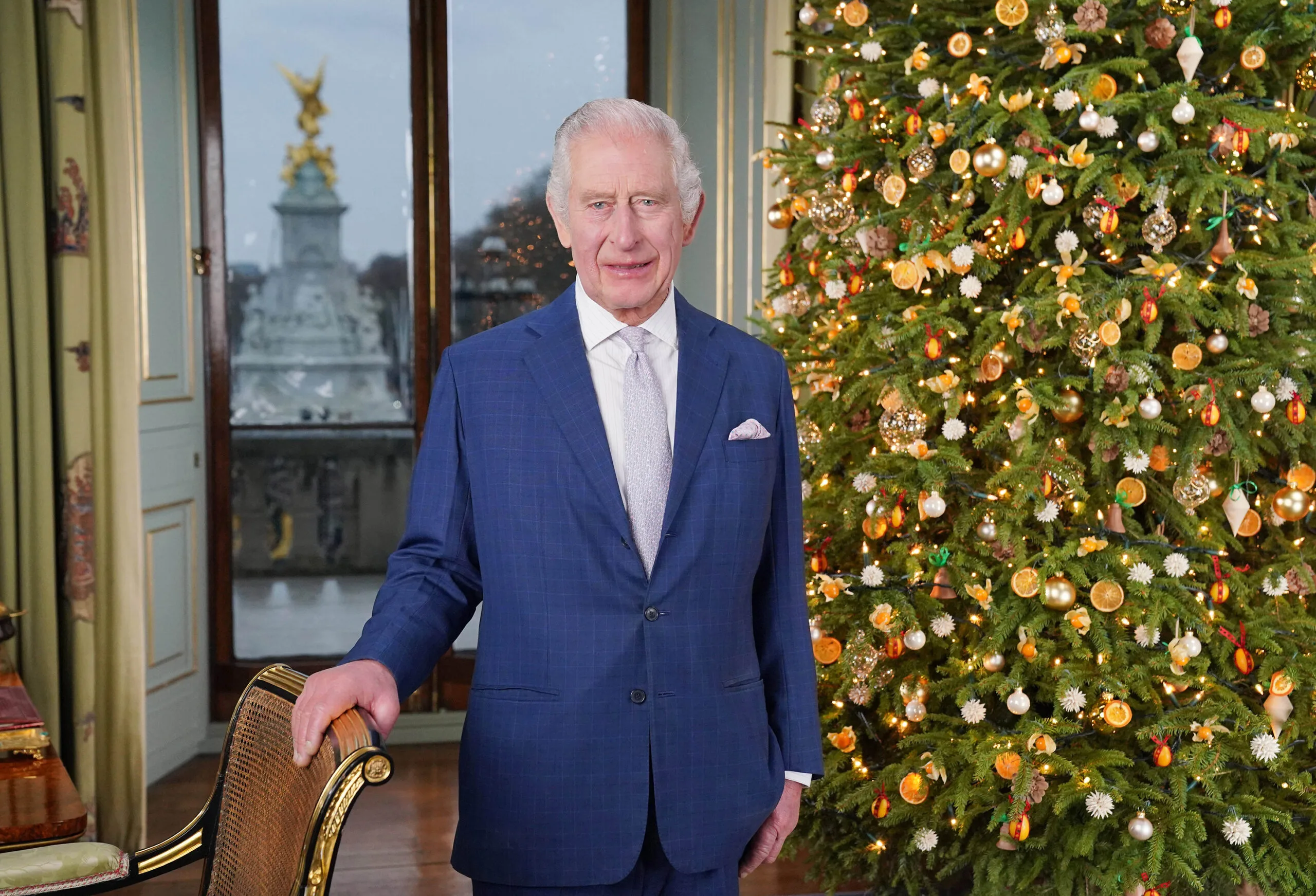 King Charles delivers his Christmas message in 2023 at Buckingham Palace. 