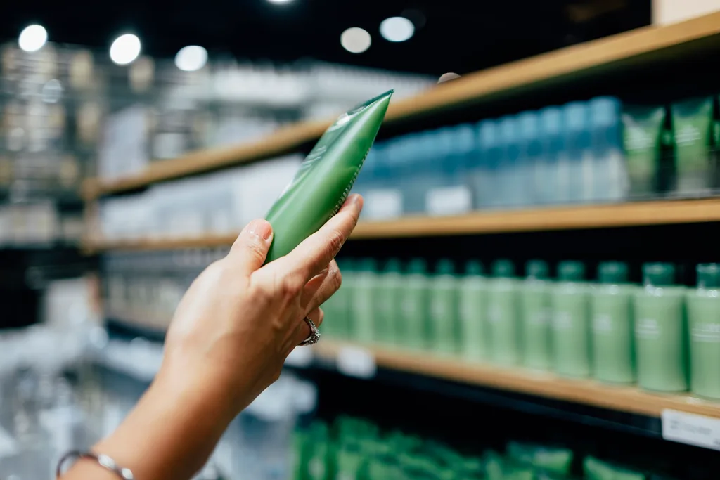 A woman shopping for skincare products.