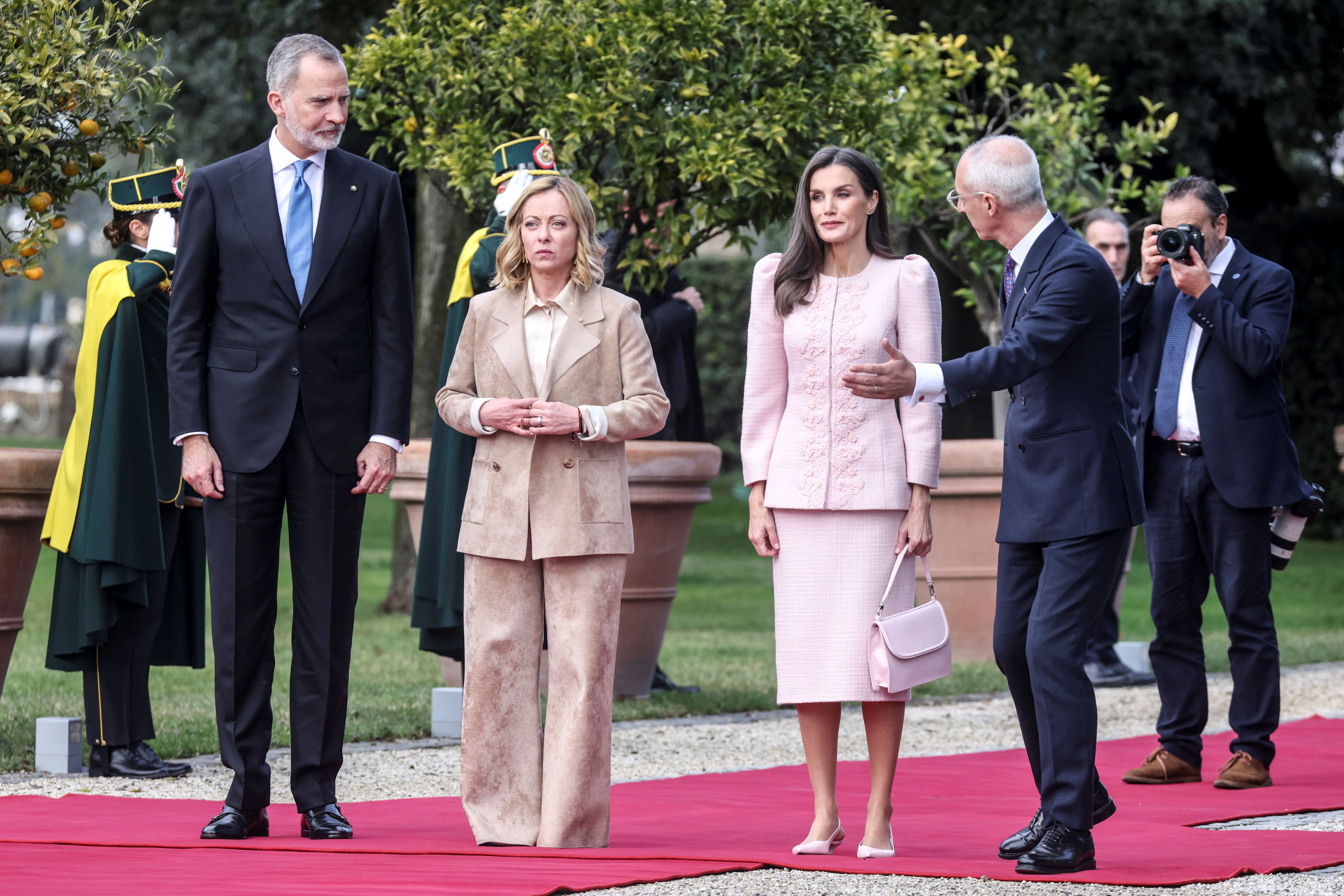Queen Letizia and King Felipe are officially received by Prime Minister, Giorgia Meloni, at Villa Doria Pamphilj in Rome.