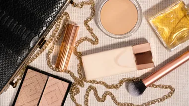 Trending beauty products laid out on a table.