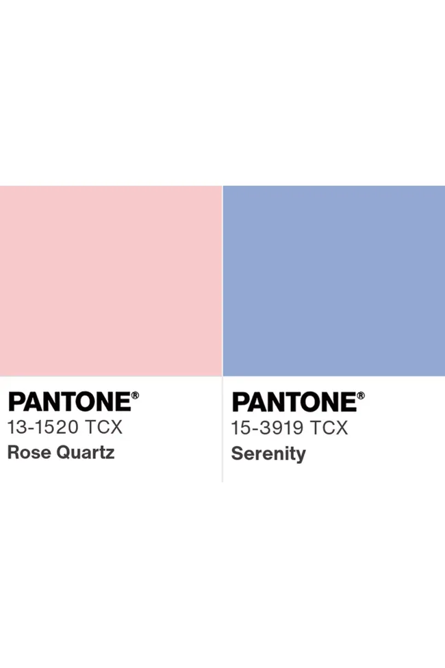 Pantone colors Rose Quartz (13-1520 TCX) and Serenity (15-3919 TCX) side by side.