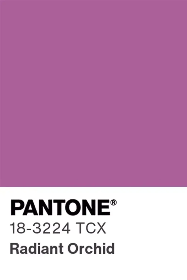 Pantone color swatch of 18-3224 TCX, Radiant Orchid, showing a vibrant purple shade.