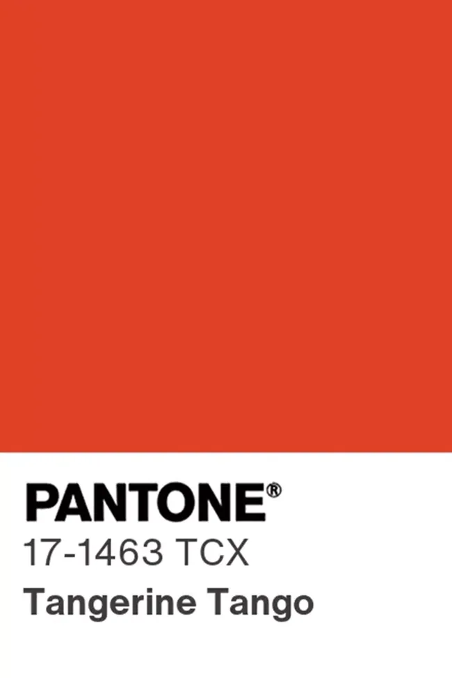 Pantone color swatch showing Tangerine Tango, code 17-1463 TCX, with a vibrant orange-red hue.
