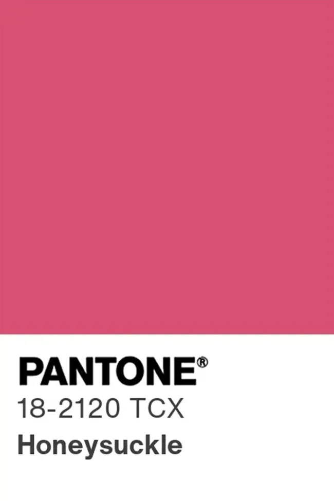 Pantone color swatch showing Honeysuckle, 18-2120 TCX, a vibrant pink shade.