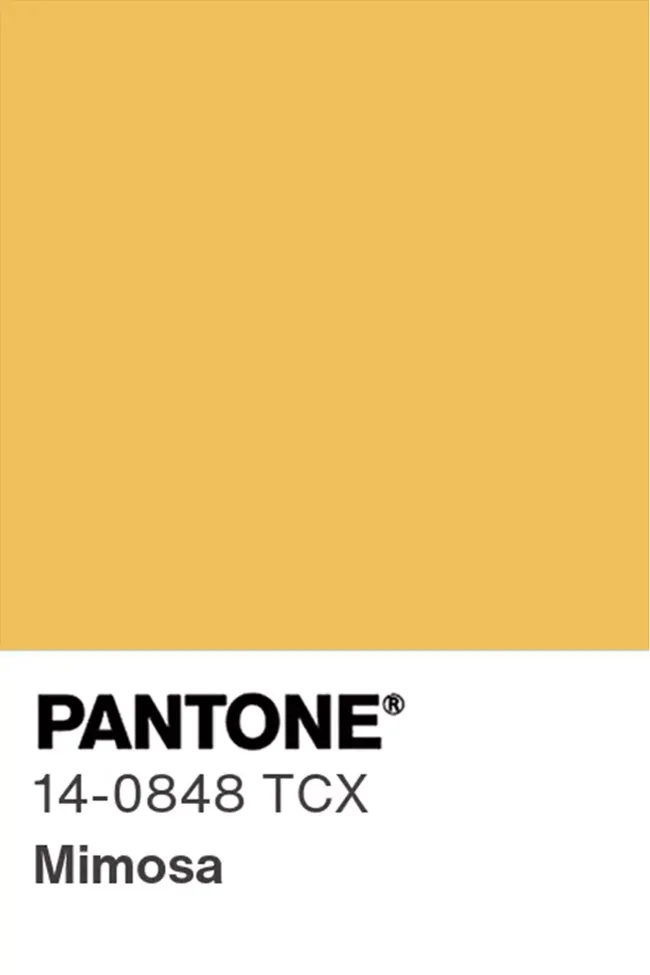 Pantone color swatch of Mimosa, code 14-0848 TCX, a soft yellow hue.