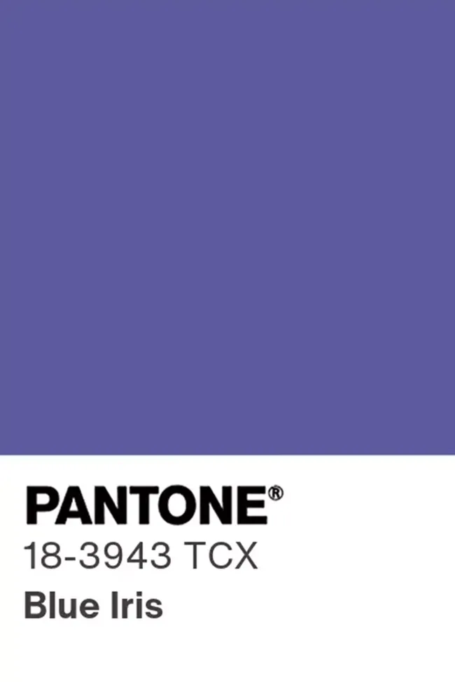 Pantone color swatch of Blue Iris, labeled 18-3943 TCX, a vibrant blue shade.