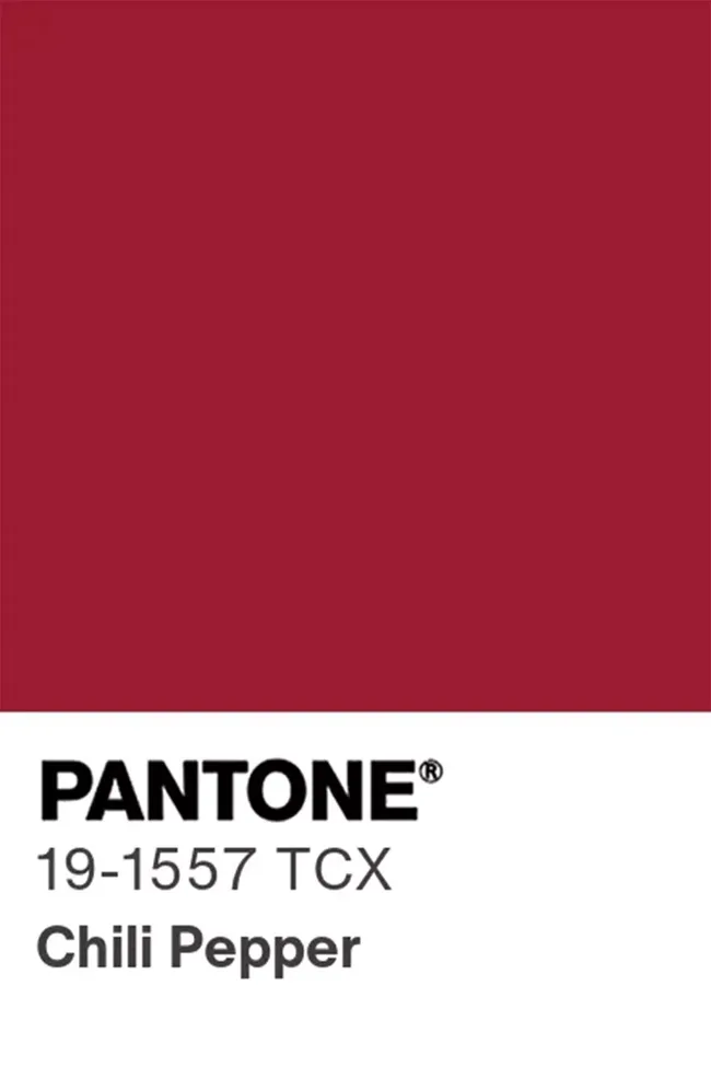 Pantone color swatch for 19-1557 TCX, Chili Pepper, a deep red hue.