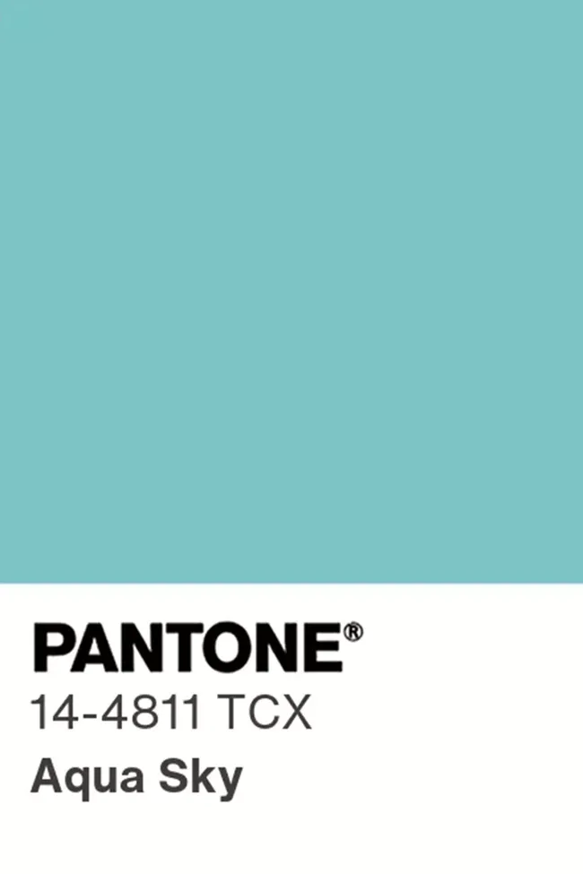 Pantone color swatch showing Aqua Sky, 14-4811 TCX, a light blue-green shade.