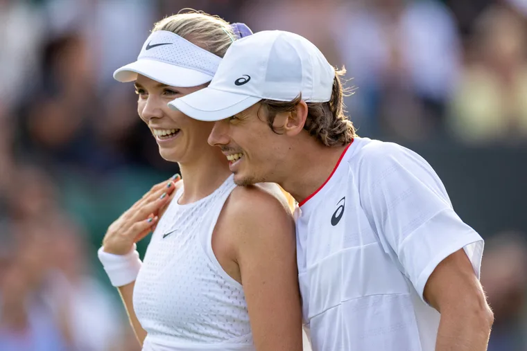 LONDON, ENGLAND - JULY 9 Alex de Minaur of Australia and Katie Boulter of Great Britain during the Mixed Doubles second-round match during the Wimbledon Lawn Tennis Championships at the All England Lawn Tennis and Croquet Club at Wimbledon on July 09, 2023, in London, England. (Photo by Tim Clayton/Corbis via Getty Images)