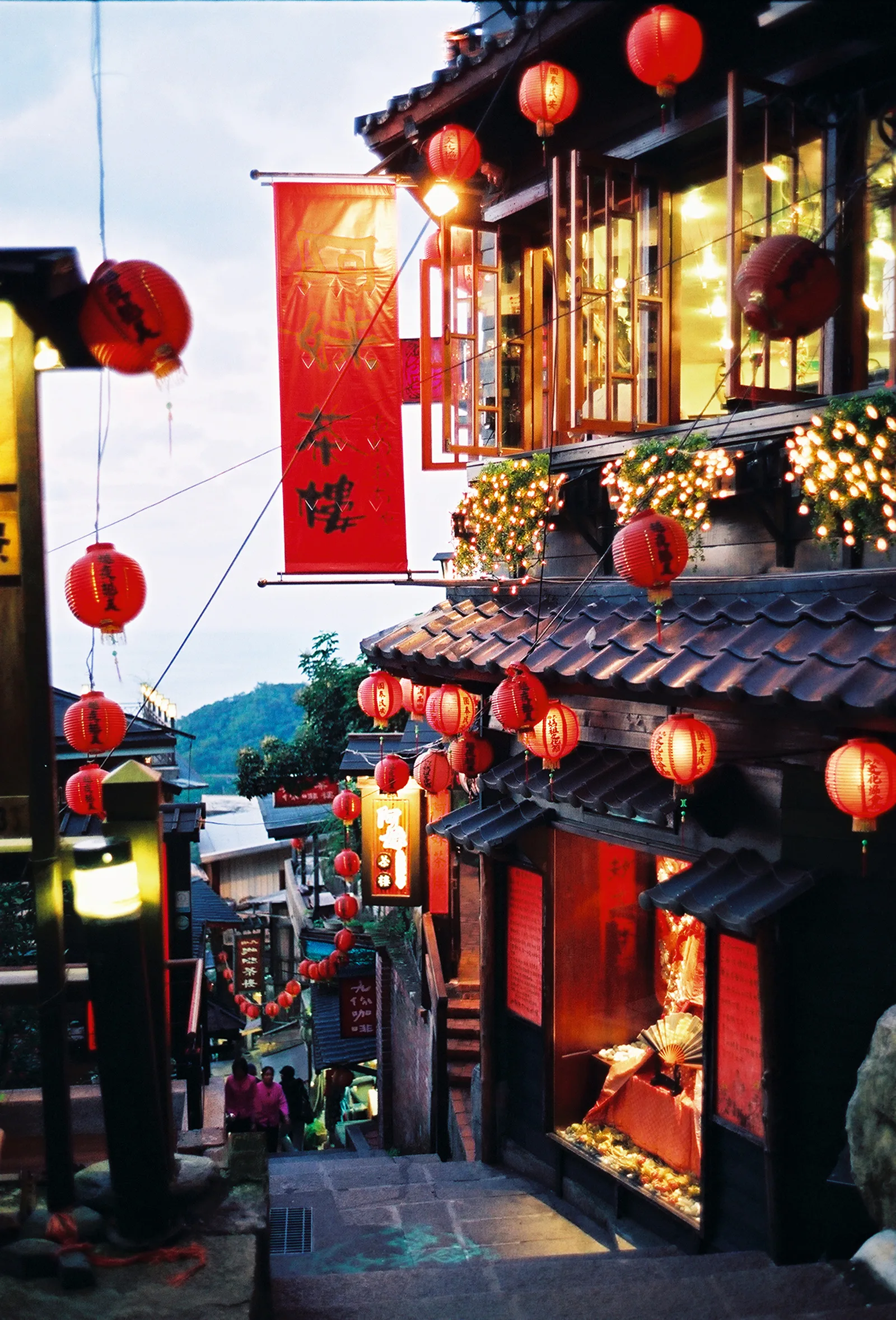 Tea house with red lanterns. Jiufen, Taiwan.