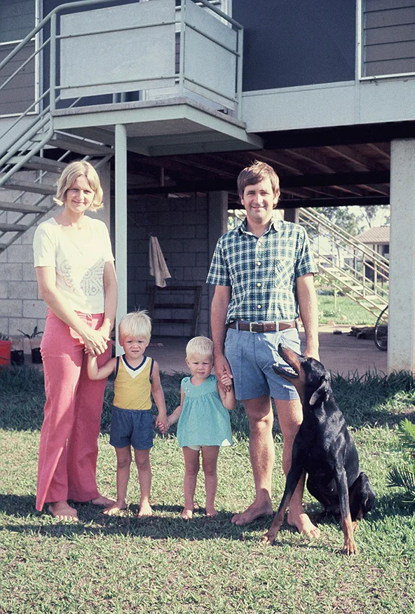 A mum, dad, two kids and a dog.