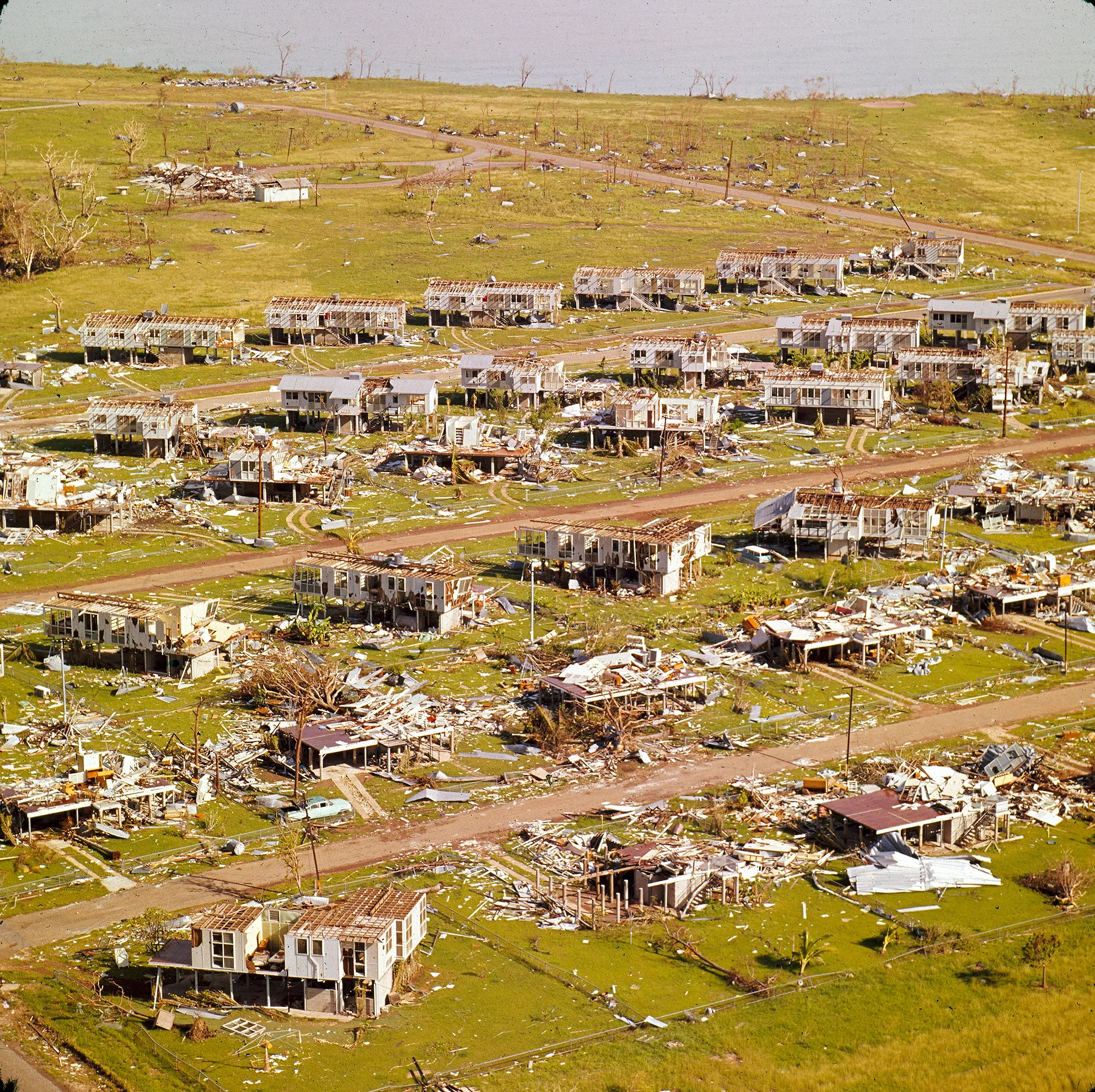 An aerial photo of destroyed homes in Darwin after Cyclone Tracy.