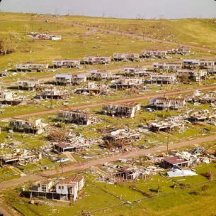 An aerial photo of destroyed homes in Darwin after Cyclone Tracy.
