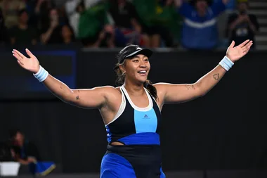 TOPSHOT - Australia's Destanee Aiava celebrates beating Belgium's Greet Minnen in their women's singles match on day two of the Australian Open tennis tournament in Melbourne on January 13, 2025.