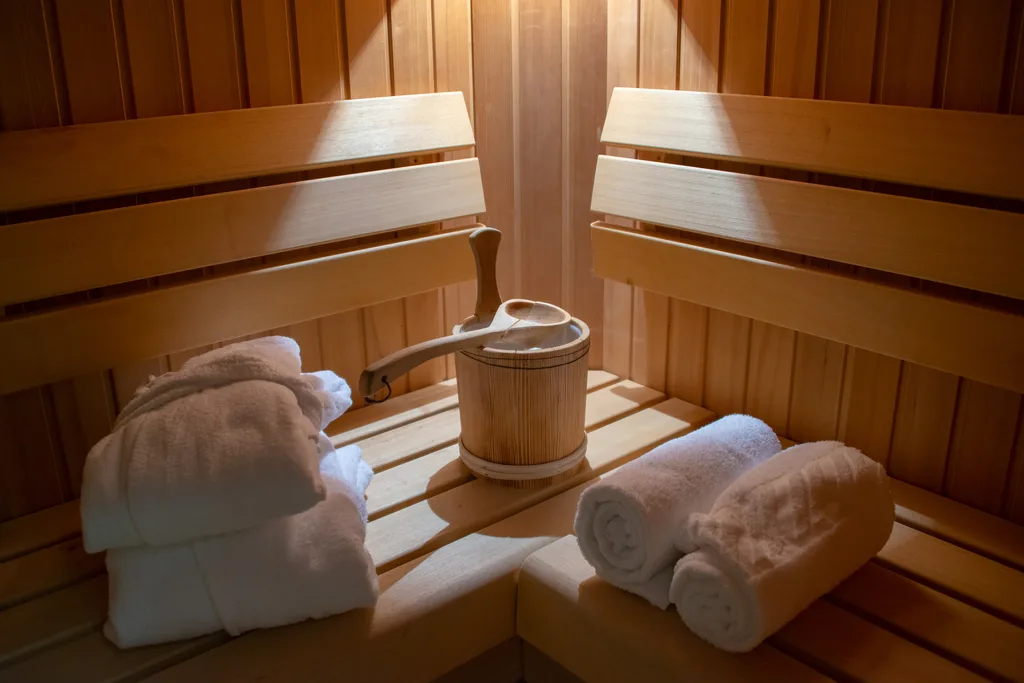 Traditional sauna with towels. Ideal for self-care activities