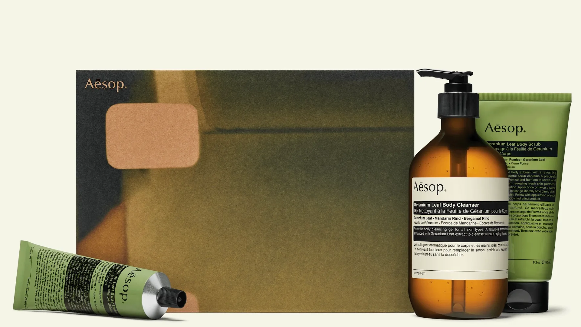 Aesop Screen 2 seasonal gift set with Geranium Leaf Body Cleanser, Geranium Leaf Body Scrub and Geranium Leaf Body Balm.