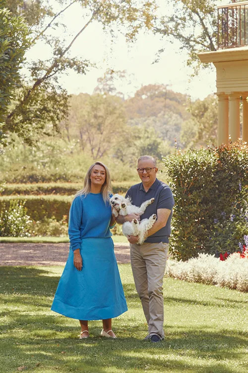 Jodie Hayden and Prime Minister Anthony Albanese and their dog Toto at The Lodge