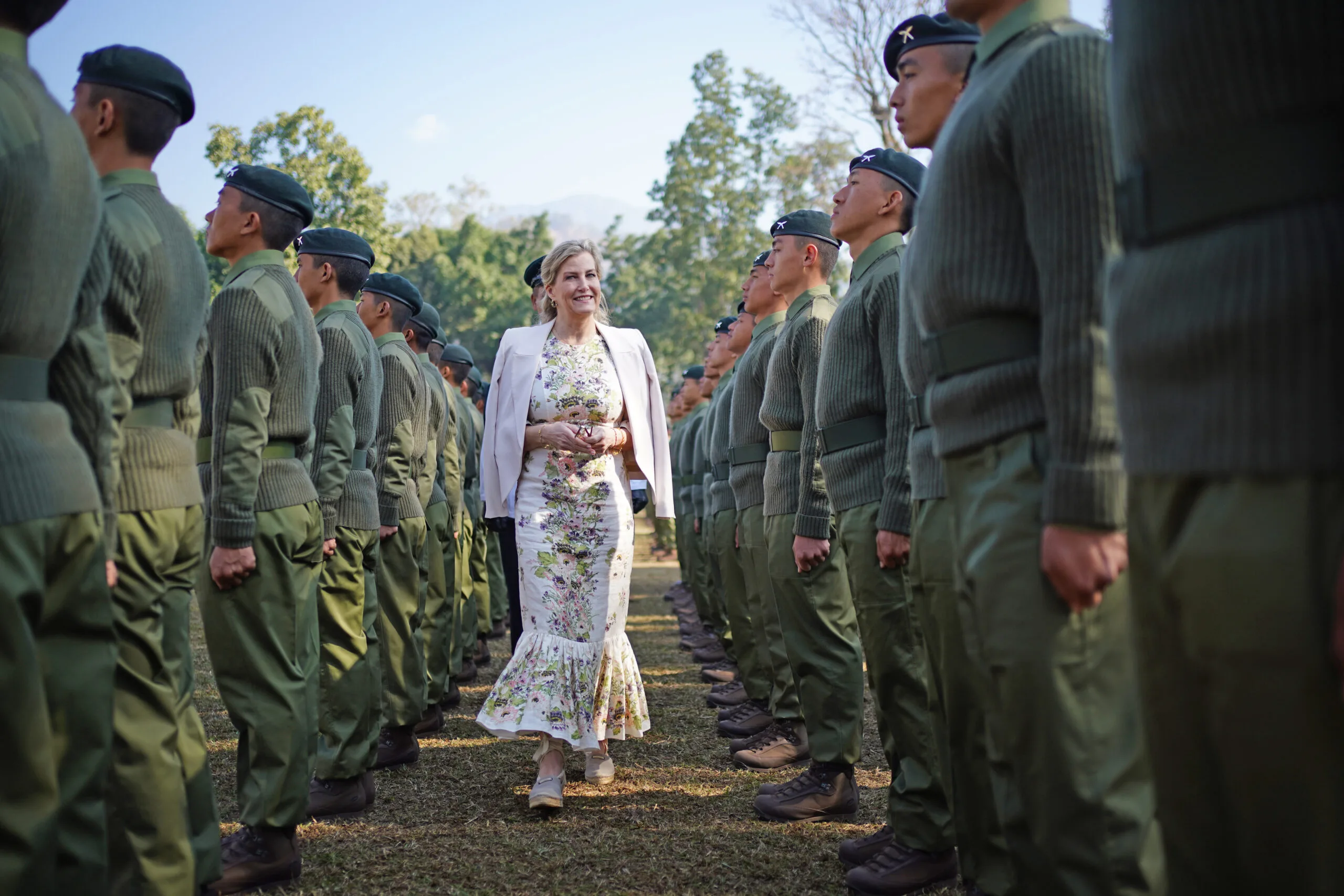 The Duchess of Edinburgh inspects a guard of honour during the Attestation Parade in Pokhara.