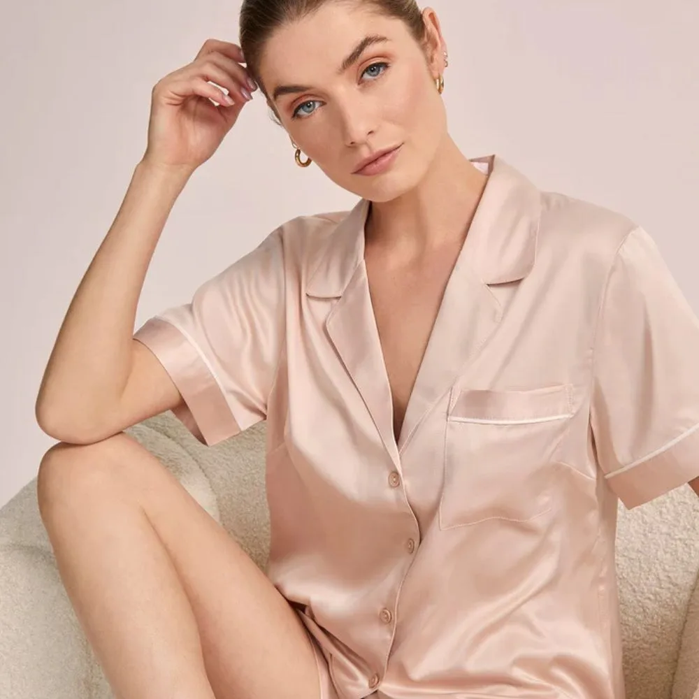 Homebodii Grace Short Pyjama Set - blush with white piping