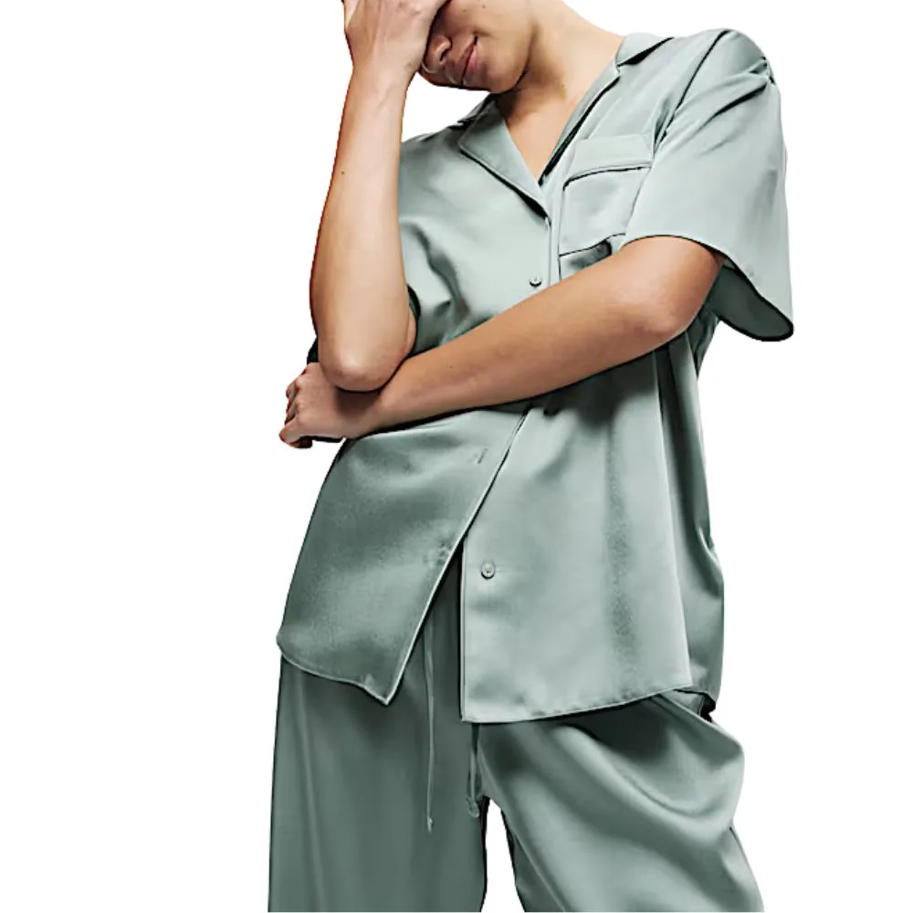Marks & Spencer Dream Satin Revere Pyjama Top - smokey green colour