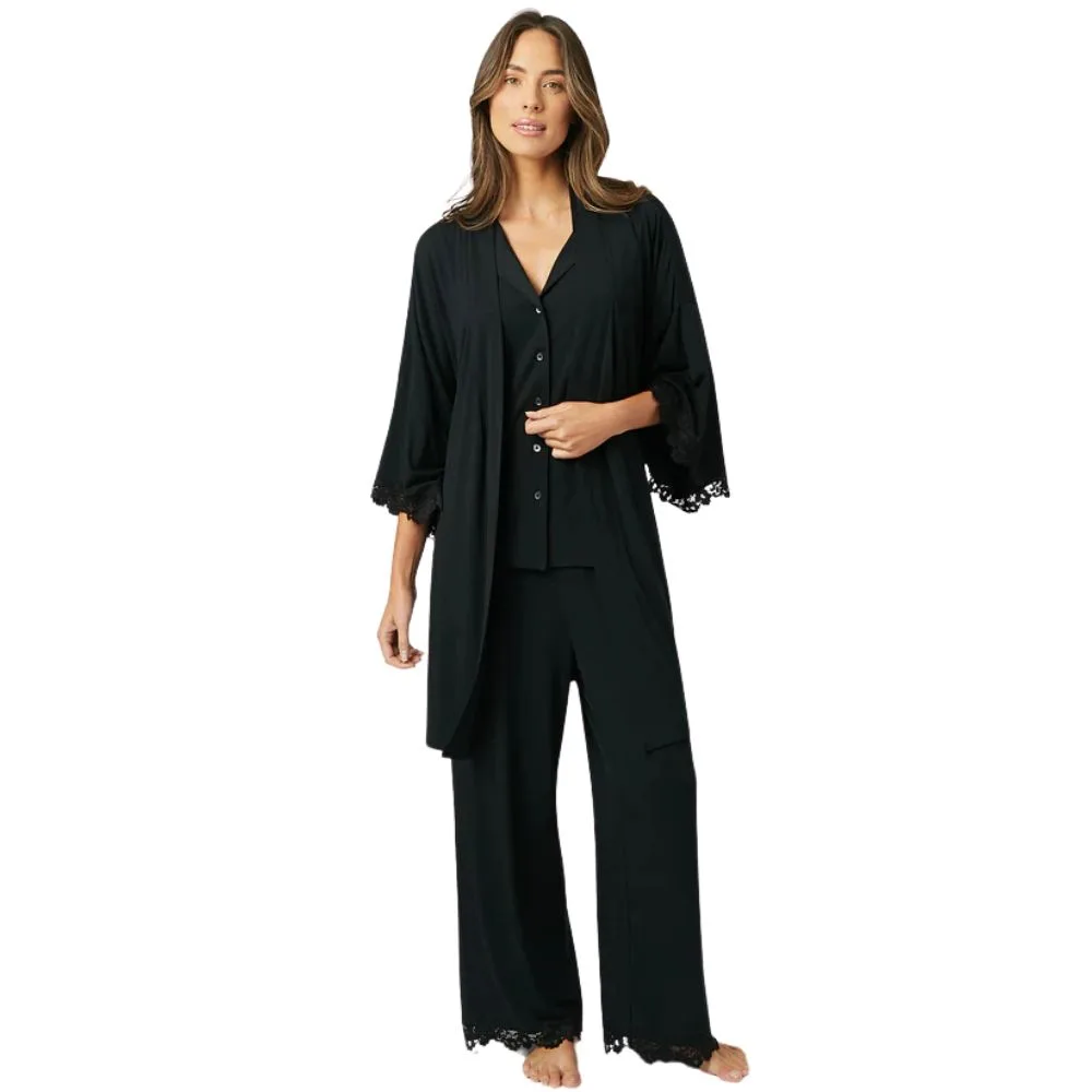 Une Piece Lace Trim Modal Full Length Pyjama Set in black